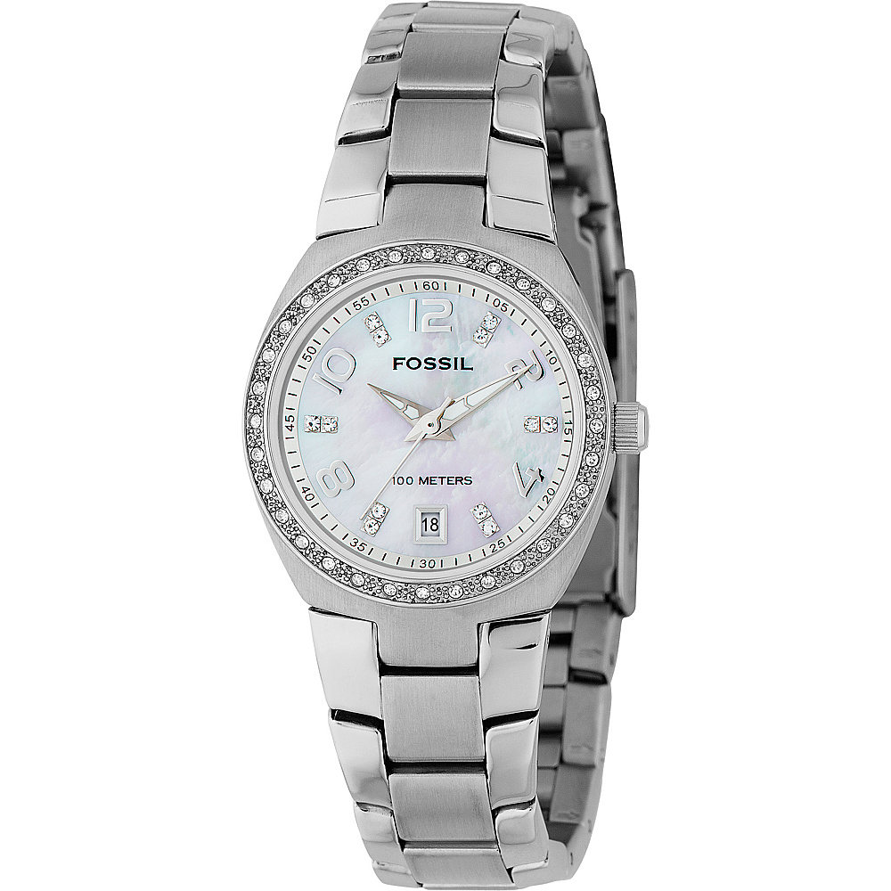 Fossil Ladies 3 Hand Stainless Steel MOP Dial Glitz Watch Silver Fossil Watches