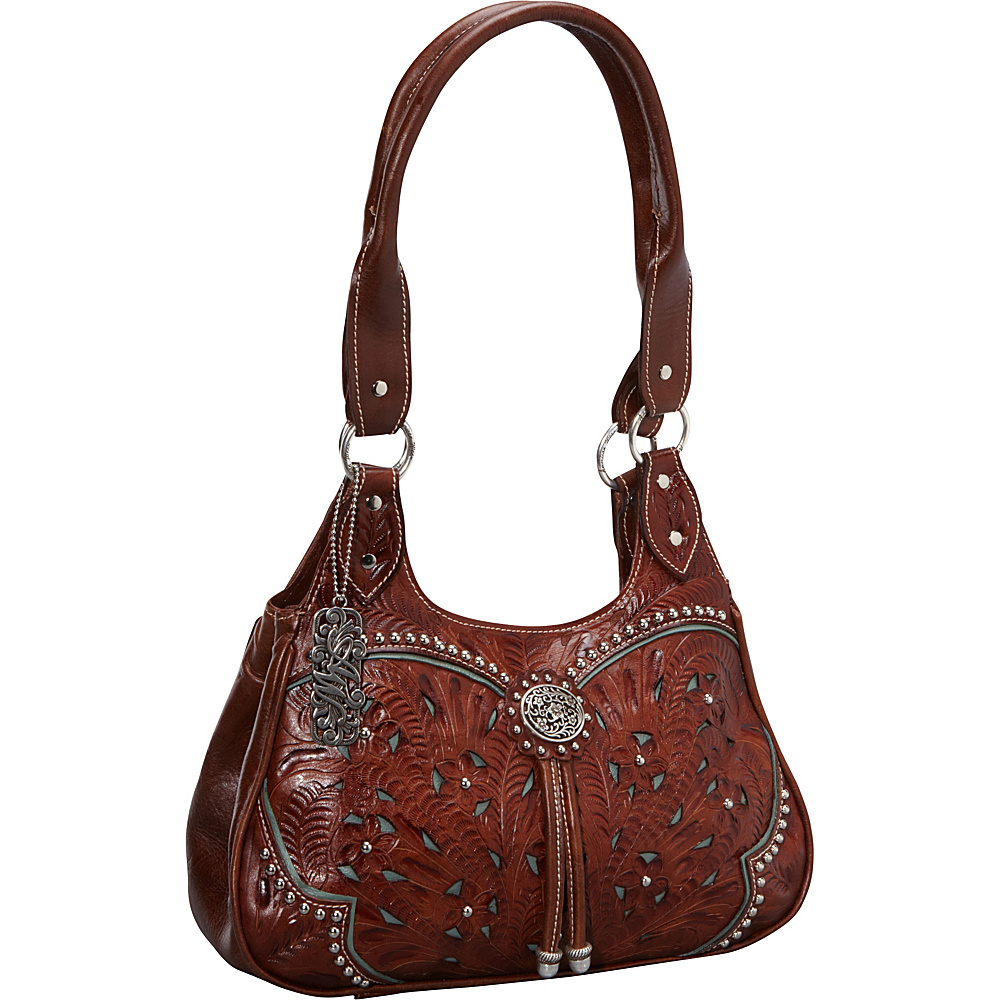 American West Lady Lace 3 Compartment Tote Antique Brown w turq accents American West Leather Handbags