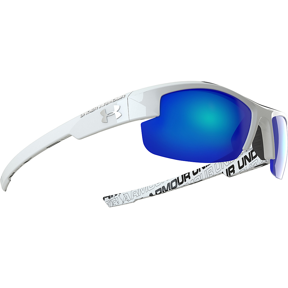 Under Armour Eyewear Nitro Youth Sunglasses Shiny White w Charcoal Rubber and Repeating Wordm Under Armour Eyewear Sunglasses