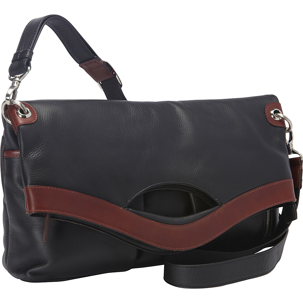 Derek Alexander EW Fold Over Top Zip Shoulder Bag Black Brandy Derek Alexander Leather Handbags