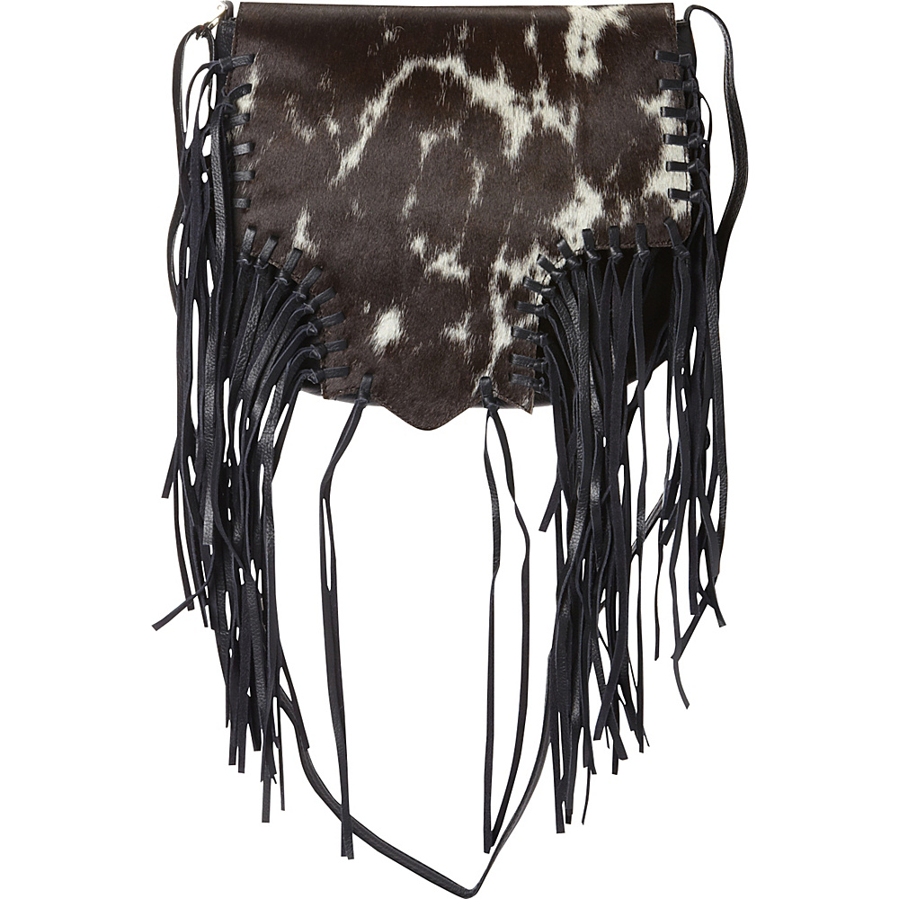 Scully Calf Hair Knotted Fringe Shoulder Bag White and Brown Scully Leather Handbags