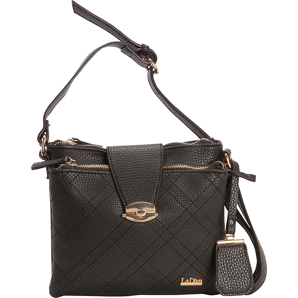La Diva Double Top Zip Crossbody Black La Diva Manmade Handbags