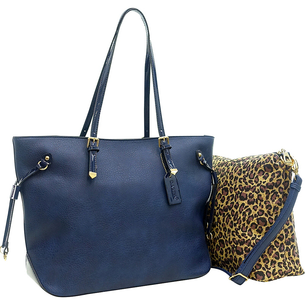 Dasein 2 in 1 Patent Faux Leather Trim Tote Blue Dasein Manmade Handbags