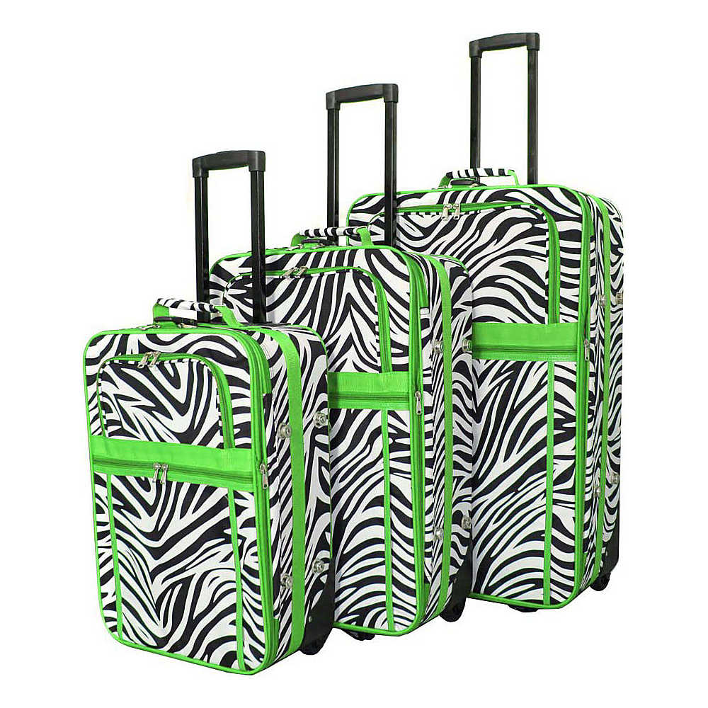 World Traveler Zebra 3 Piece Expandable Upright Luggage Set Green Trim Zebra World Traveler Luggage Sets