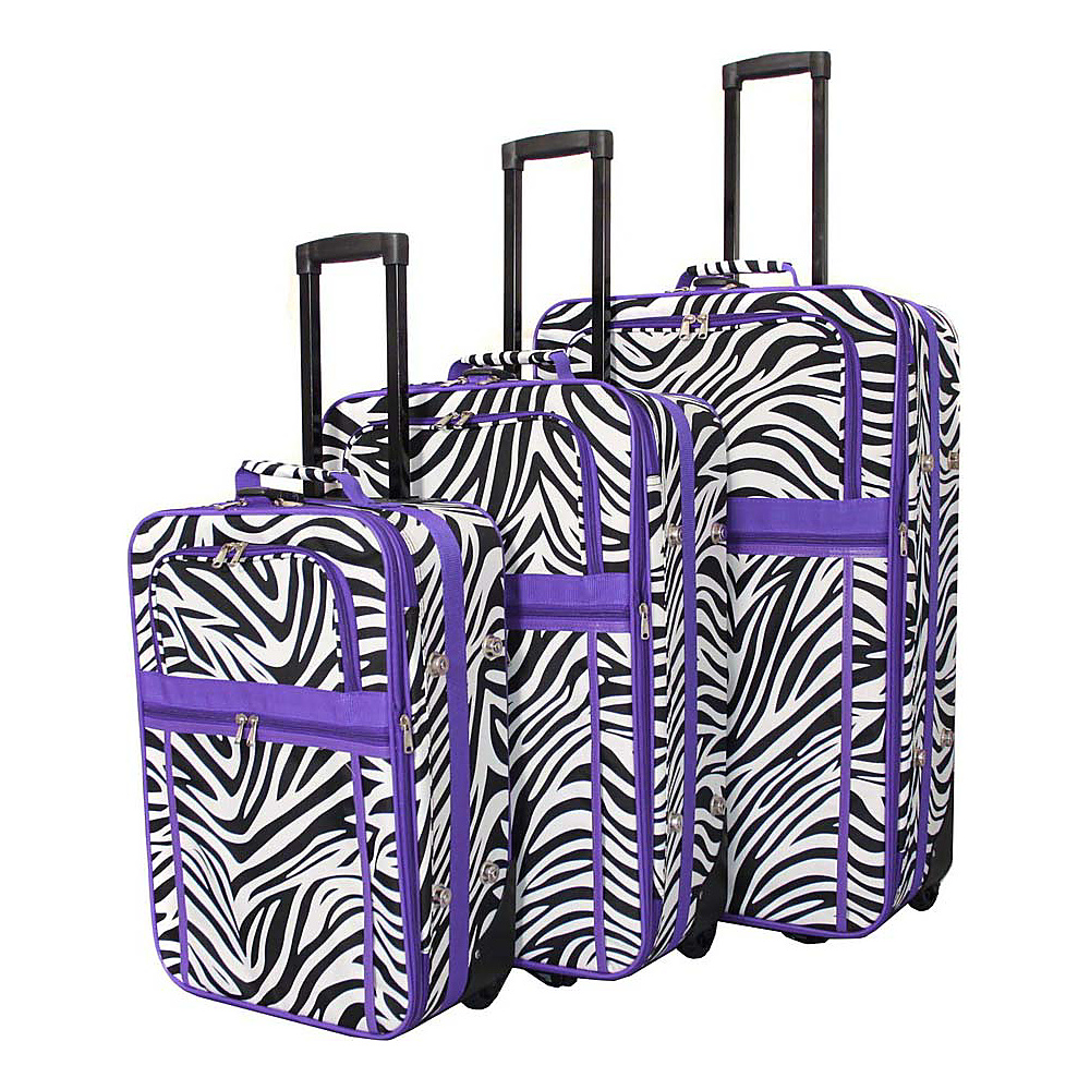 World Traveler Zebra 3 Piece Expandable Upright Luggage Set Light Purple Trim Zebra World Traveler Luggage Sets