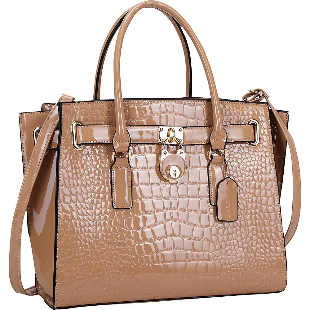 Dasein Patent Croco Embossed Faux Leather Belted Medium Tote Light Pink Dasein Manmade Handbags