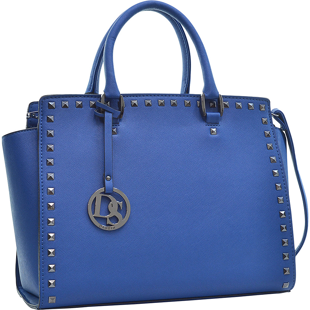 Dasein Saffiano Faux Leather Gunmetal Studded Satchel Blue Dasein Manmade Handbags