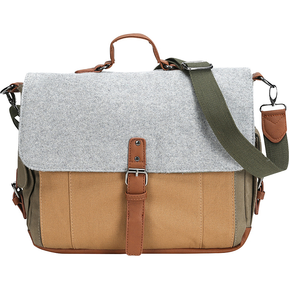 Something Strong Tri Color Canvas And Wool Messenger With Inner Laptop Compartment Grey Olive Brown Something Strong Messenger Bags