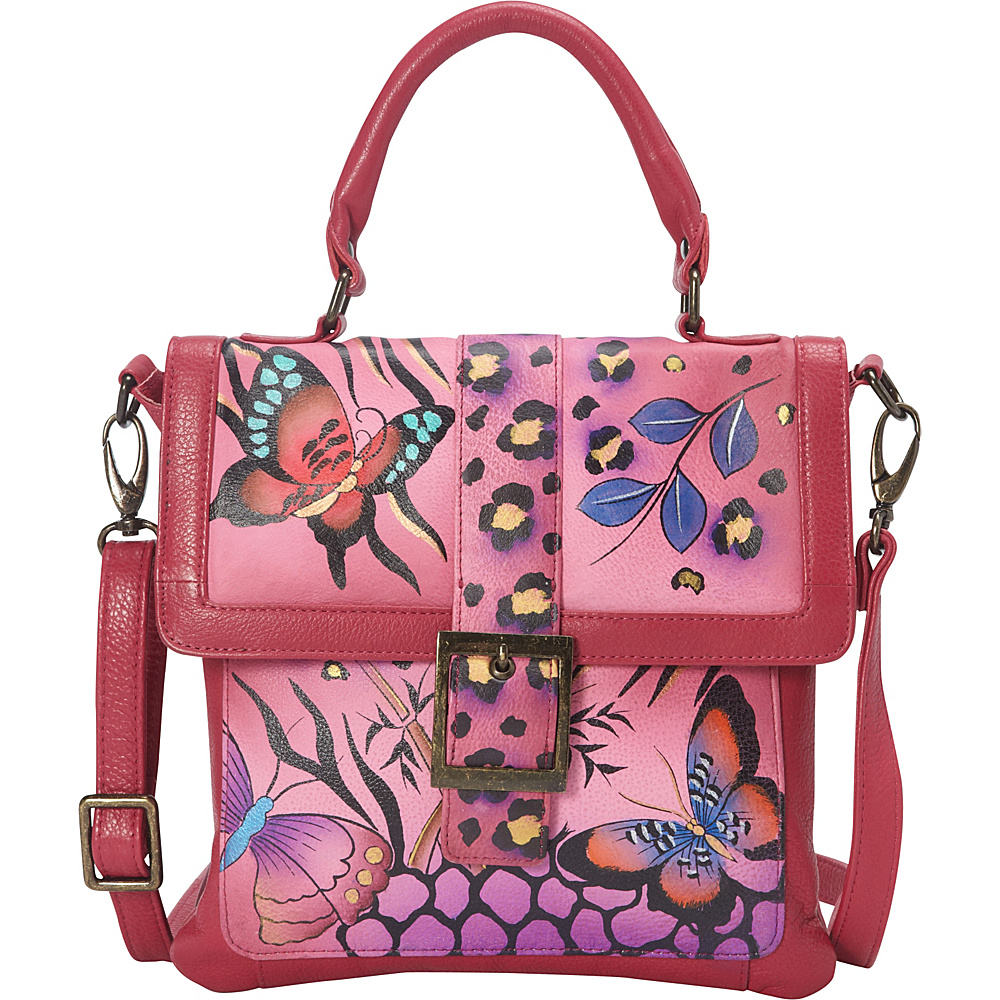 ANNA by Anuschka Hand Painted Flap Saddle Bag Animal Butterfly Pink ANNA by Anuschka Leather Handbags