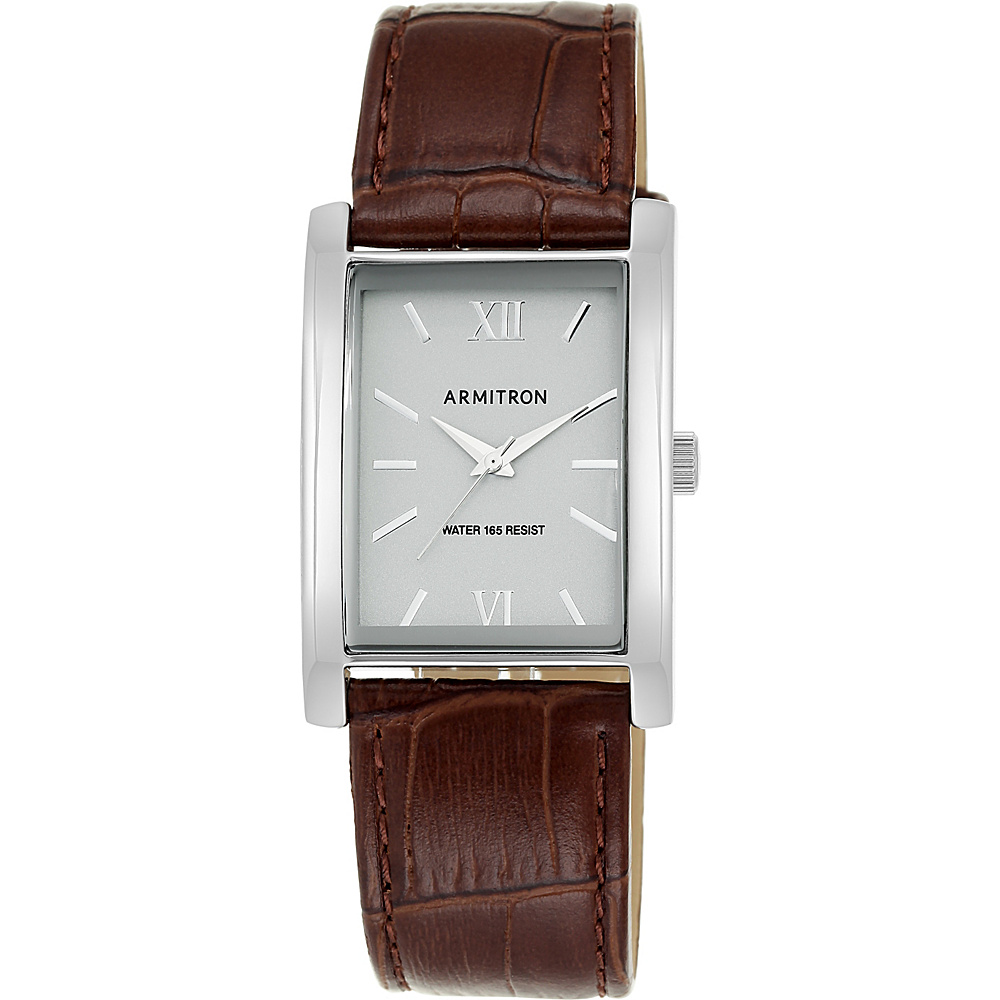 Armitron Men s Silver Tone Rectangular Case Brown Leather Strap Watch Brown Armitron Watches