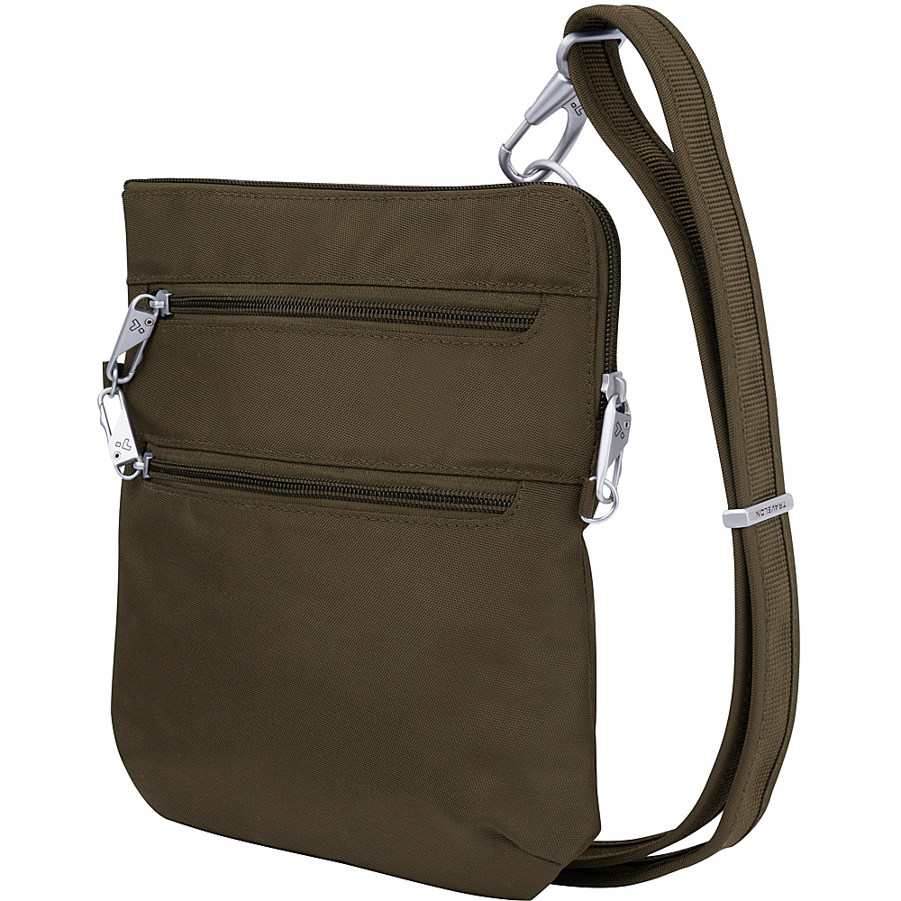 Travelon Anti Theft Classic Slim Double Zip Crossbody Bag Chocolate Coral Travelon Fabric Handbags