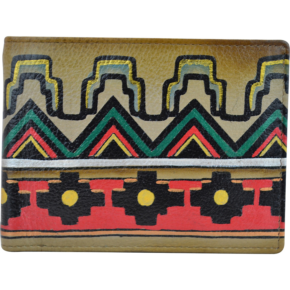 Anuschka Hand Painted Leather Two Fold RFID Wallet With Coin Pocket Antique Aztec Anuschka Men s Wallets