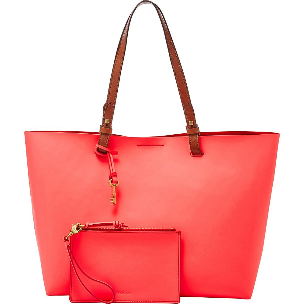 Fossil Rachel Tote Neon Coral Fossil Leather Handbags