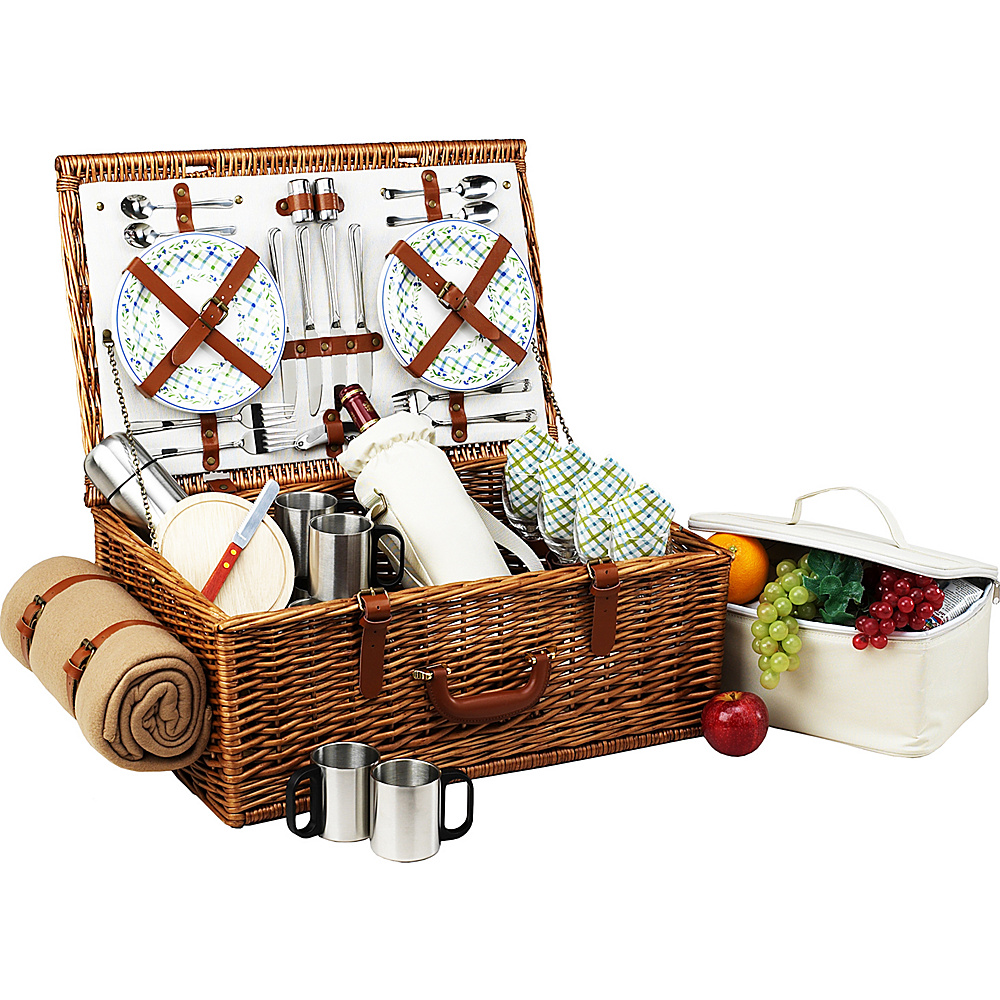 Picnic at Ascot Dorset English Style Willow Picnic Basket with Service for 4 Coffee Set and Blanket Wicker w Gazebo Picnic at Ascot Outdoor Accessories