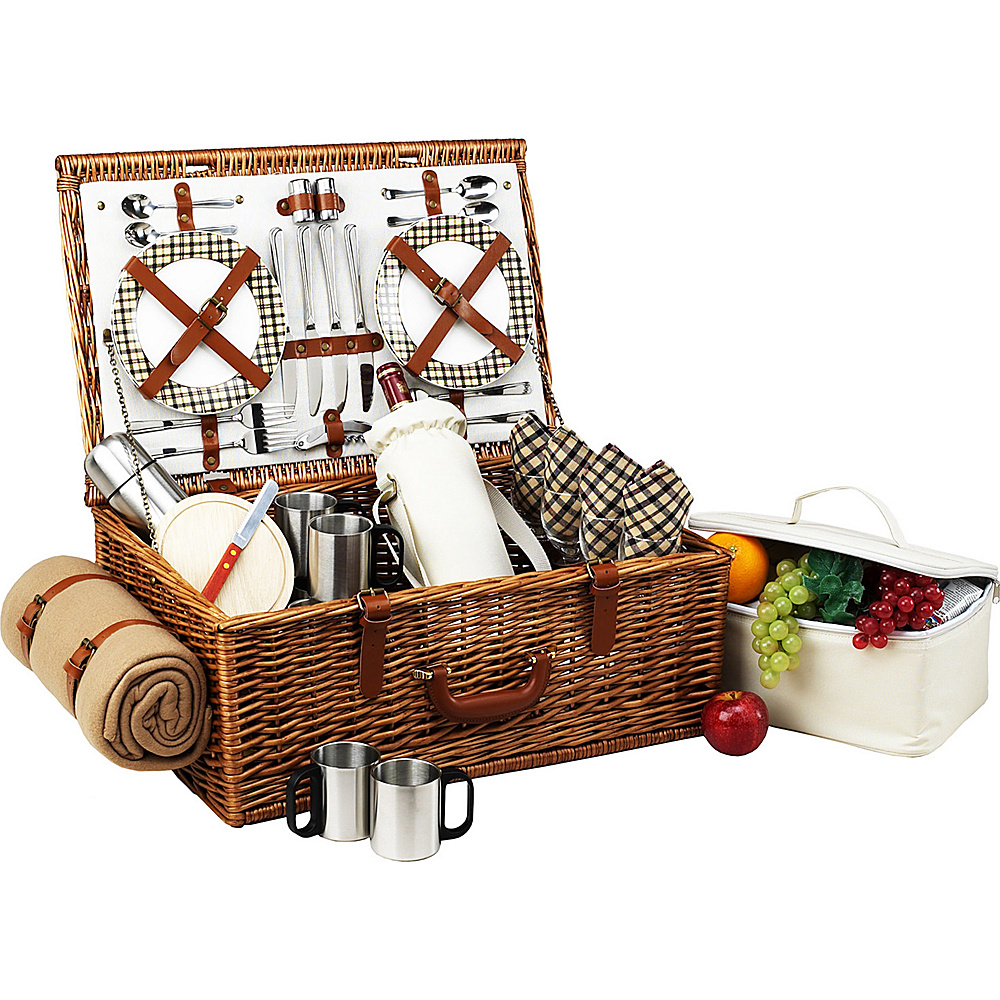 Picnic at Ascot Dorset English Style Willow Picnic Basket with Service for 4 Coffee Set and Blanket Wicker w London Picnic at Ascot Outdoor Accessories