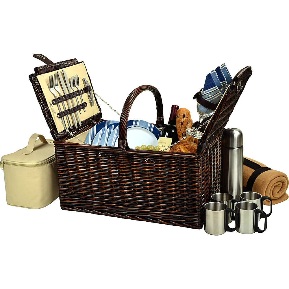 Picnic at Ascot Buckingham Picnic Willow Picnic Basket with Service for 4 with Blanket and Coffee Service Brown Wicker Blue Stripe Picnic at Ascot Outdoor Accessories