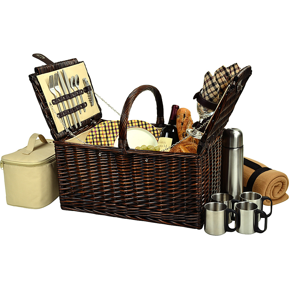 Picnic at Ascot Buckingham Picnic Willow Picnic Basket with Service for 4 with Blanket and Coffee Service Brown Wicker London Plaid Picnic at Ascot Outdoor Accessories