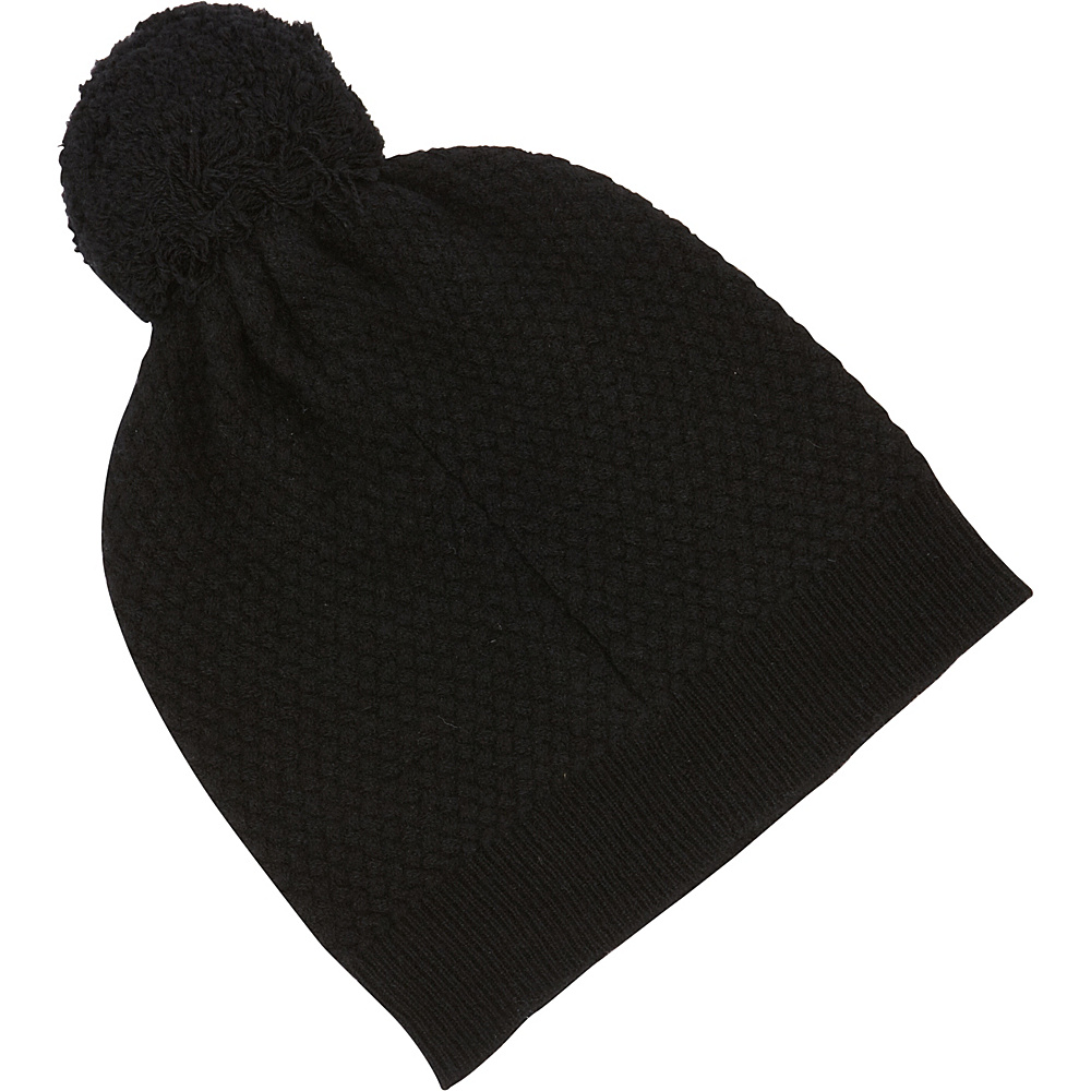 Kinross Cashmere Basketweave Hat w Pom Pom Black Kinross Cashmere Hats Gloves Scarves
