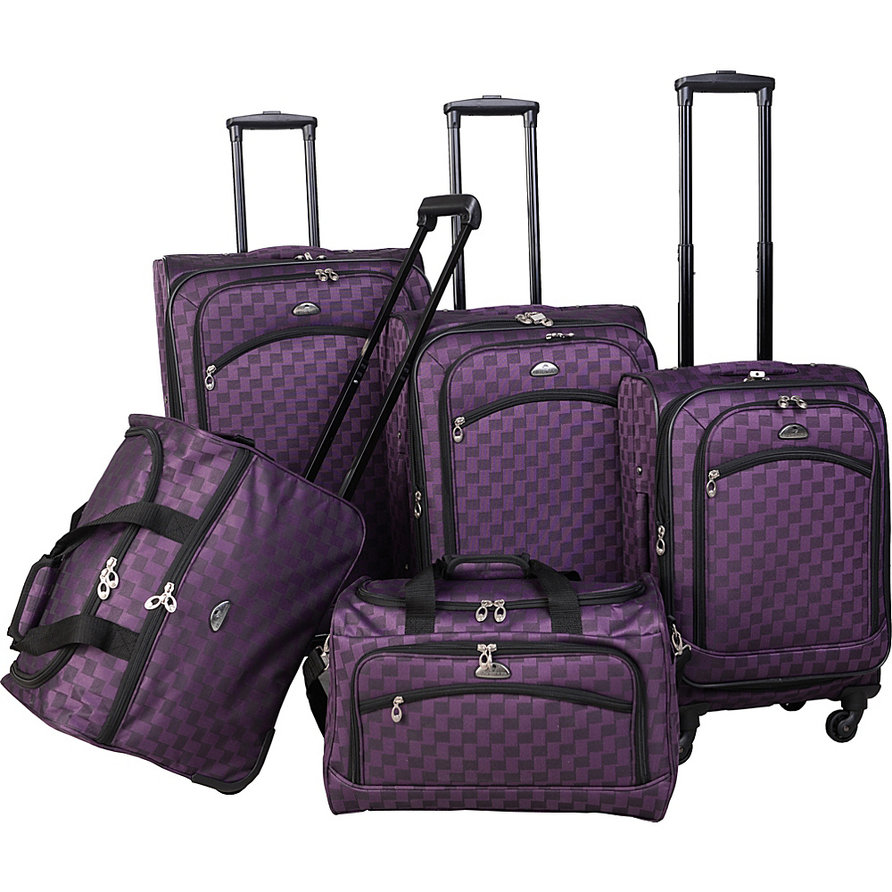 American Flyer Madrid 5 Piece Spinner Luggage Set Black Purple American Flyer Luggage Sets