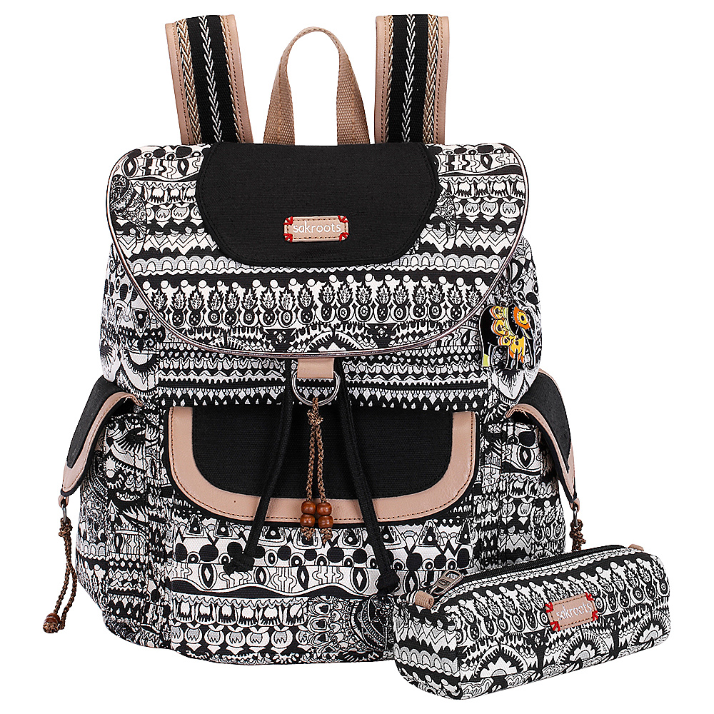 Sakroots Artist Circle Flap Backpack Black and White One World Sakroots School Day Hiking Backpacks