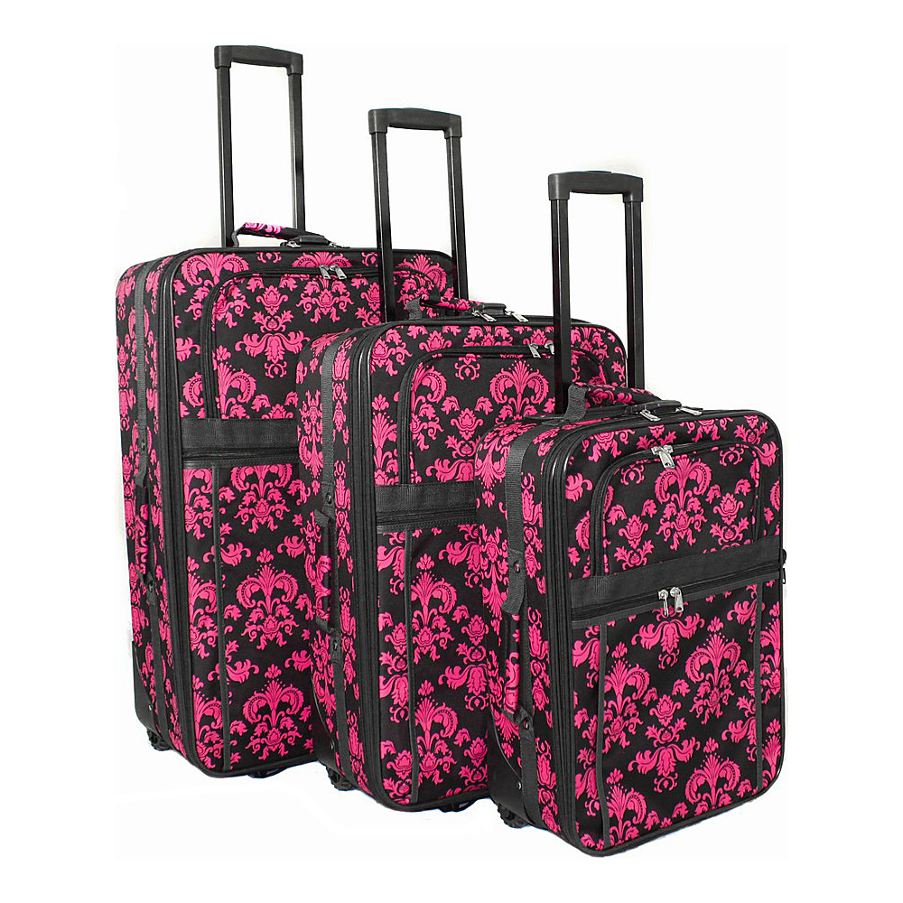 World Traveler Damask ll 3 Piece Expandable Upright Luggage Set Black Pink Damask ll World Traveler Luggage Sets
