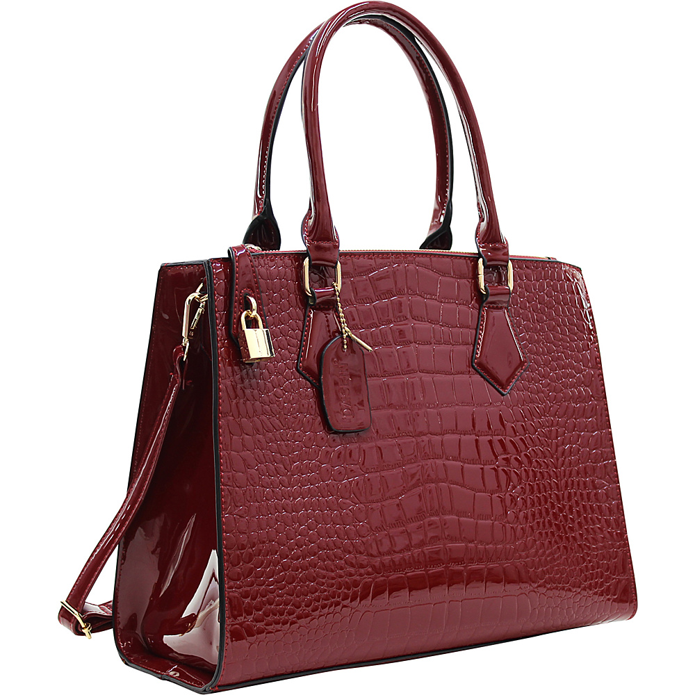 Dasein Patent Faux Leather Croco Embossed Chain Strap Satchel Red Dasein Manmade Handbags
