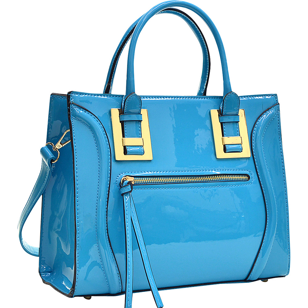 Dasein Structured Patent Faux Leather Satchel Blue Dasein Manmade Handbags