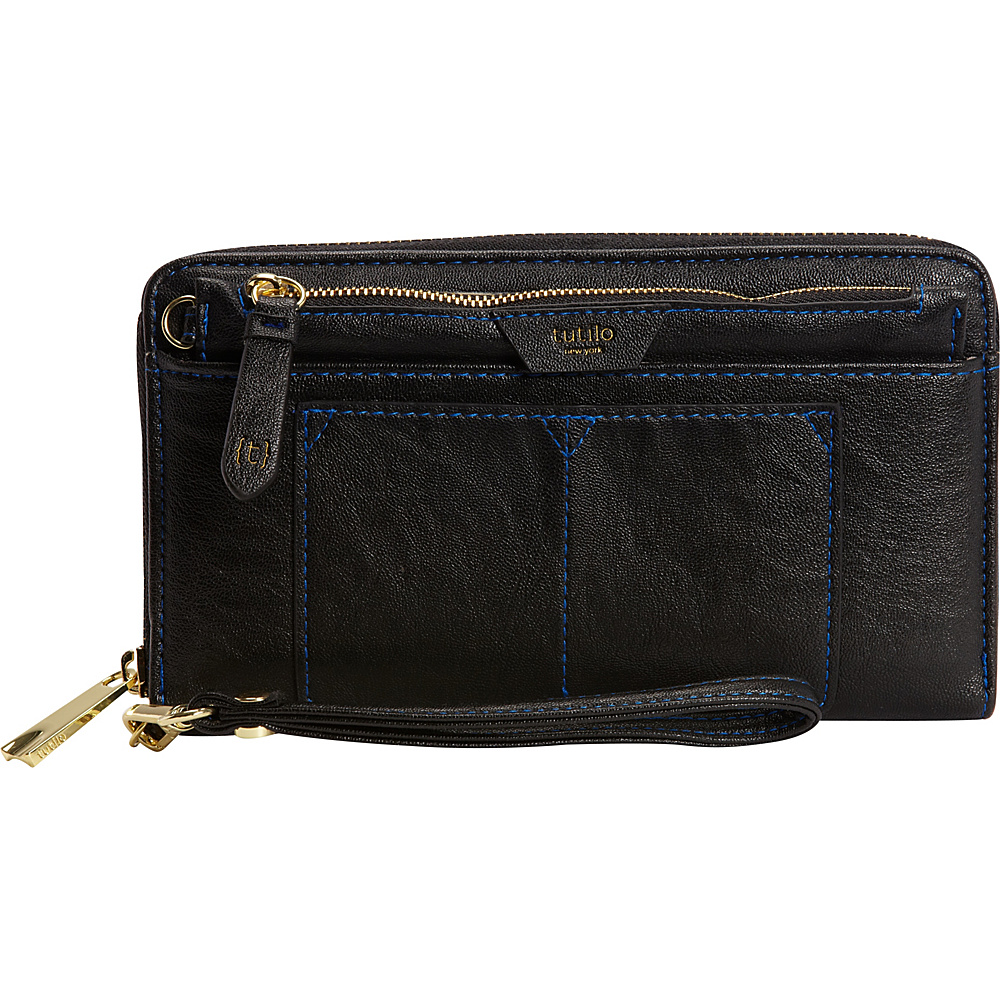 Tutilo Feature Extra Large Zip Around RFID Blocking Wristlet Wallet Black with blue stitching Tutilo Women s Wallets