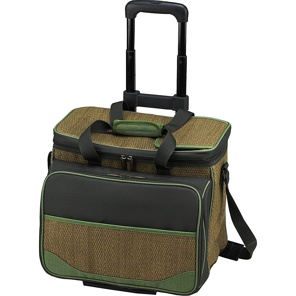 Picnic at Ascot Equipped Picnic Cooler with Service for 4 on Wheels Natural Forest Green Picnic at Ascot Outdoor Coolers