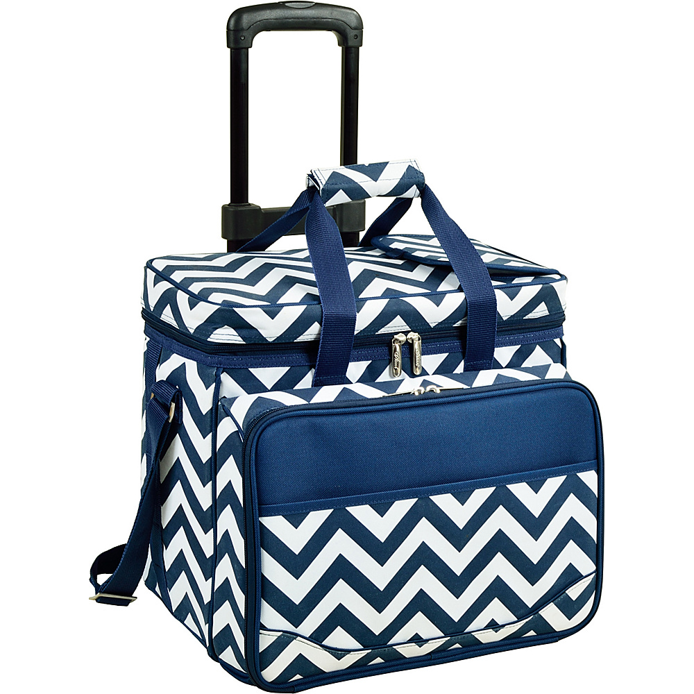Picnic at Ascot Equipped Picnic Cooler with Service for 4 on Wheels Navy White with Chevron Picnic at Ascot Outdoor Coolers