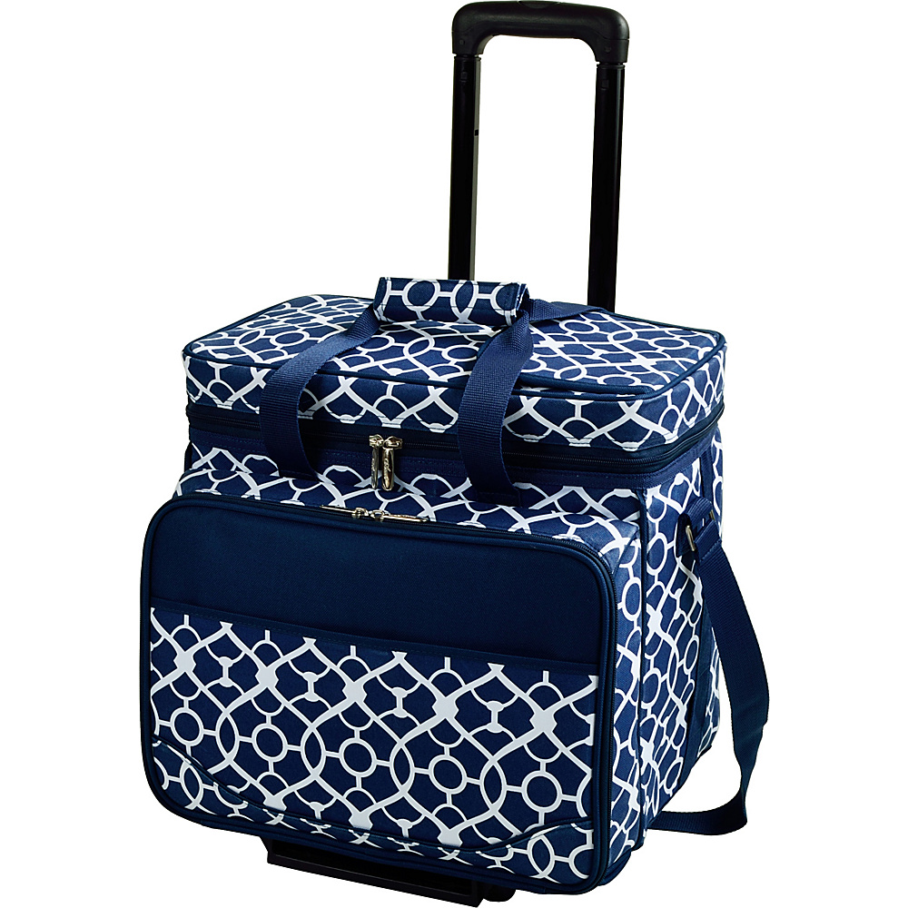 Picnic at Ascot Equipped Picnic Cooler with Service for 4 on Wheels Trellis Blue Picnic at Ascot Outdoor Coolers