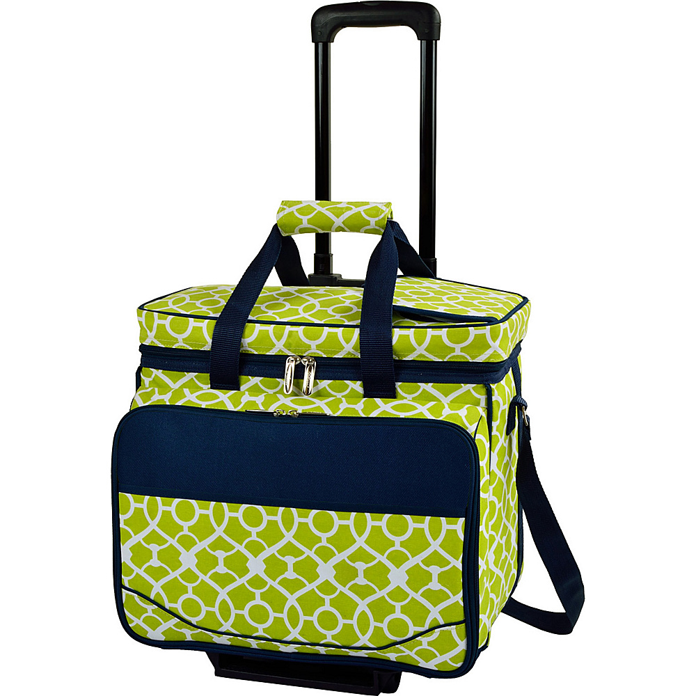 Picnic at Ascot Equipped Picnic Cooler with Service for 4 on Wheels Trellis Green Picnic at Ascot Outdoor Coolers
