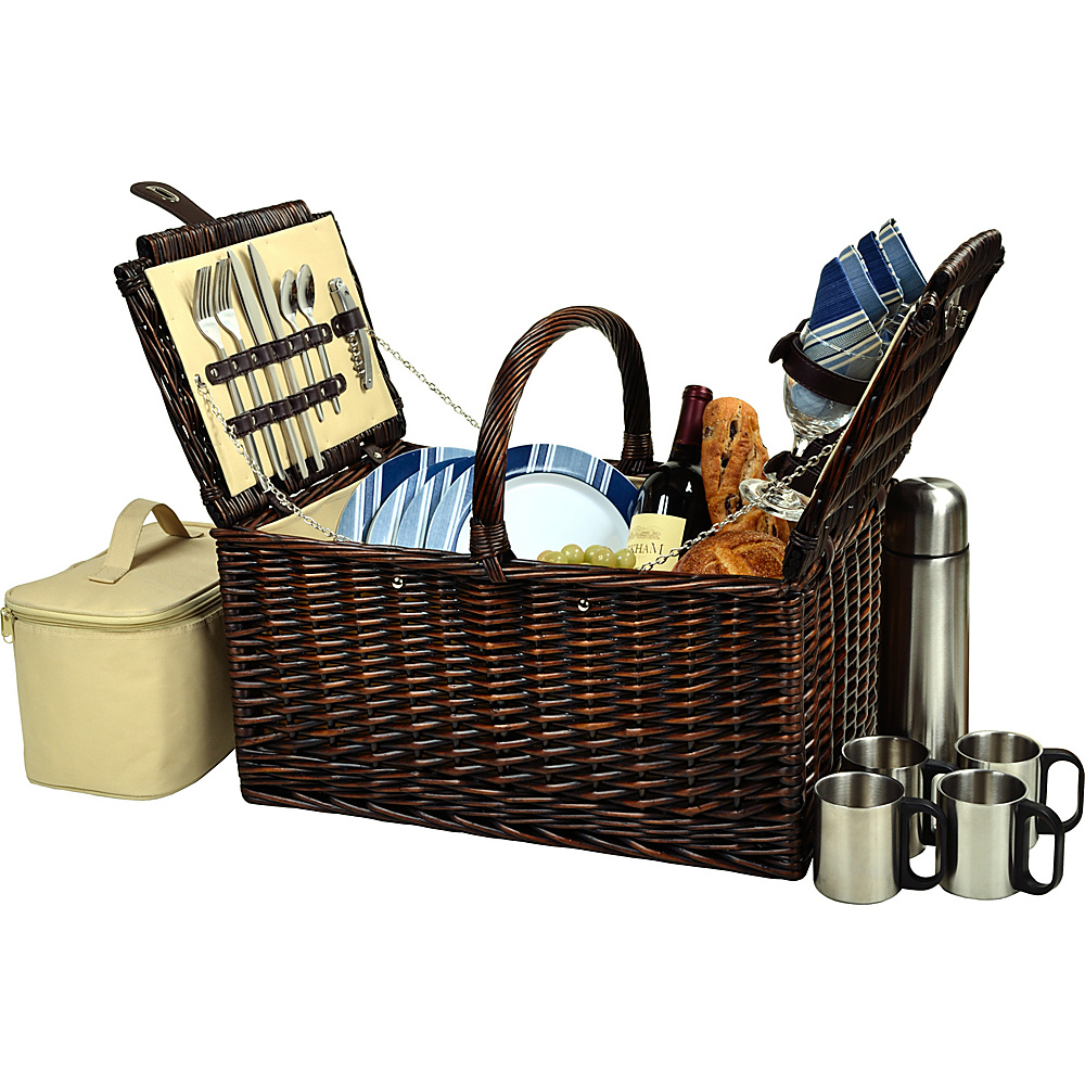 Picnic at Ascot Buckingham Picnic Willow Picnic Basket with Service for 4 and Coffee Service Brown Wicker Blue Stripe Picnic at Ascot Outdoor Accessories