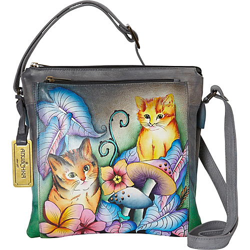 Anuschka Multi Compartment Saddle Bag Cats in Wonderland - Anuschka Leather Handbags