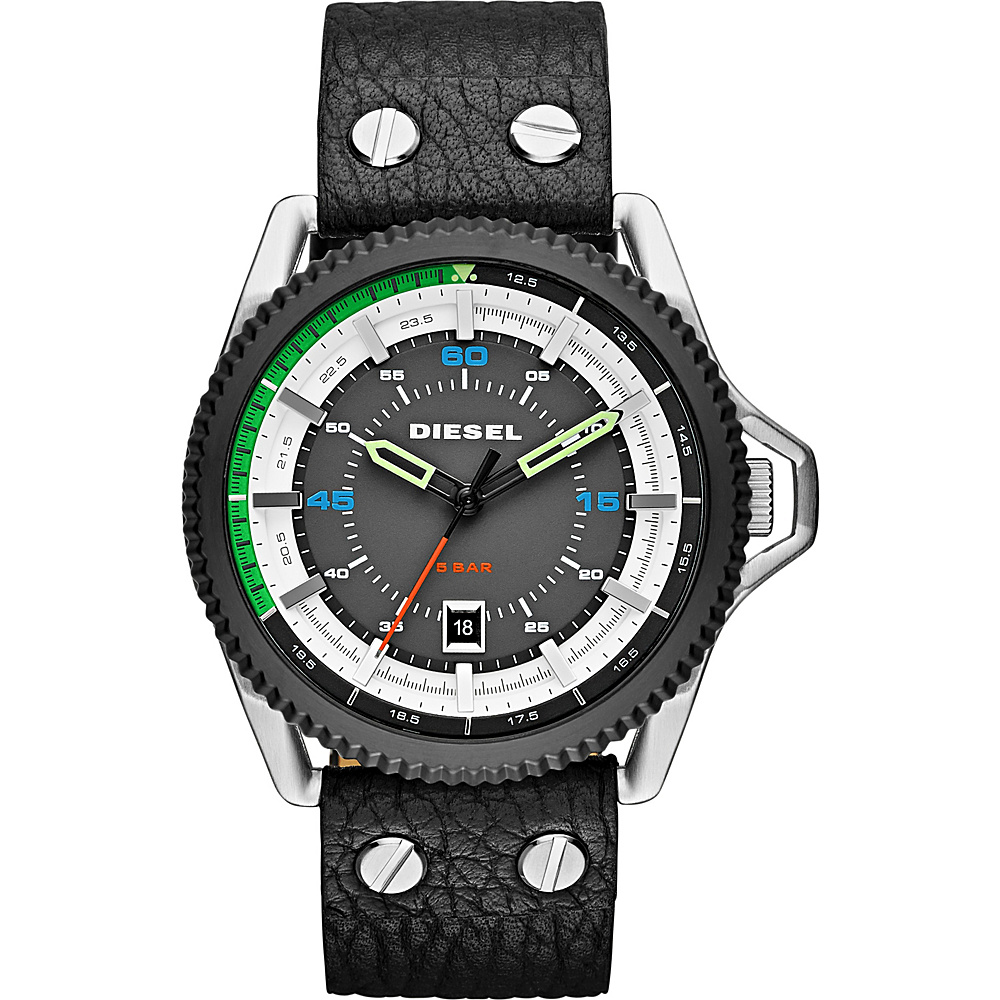Diesel Watches Rollcage Three Hand Leather Watch Black Multi Color Accents Diesel Watches Watches