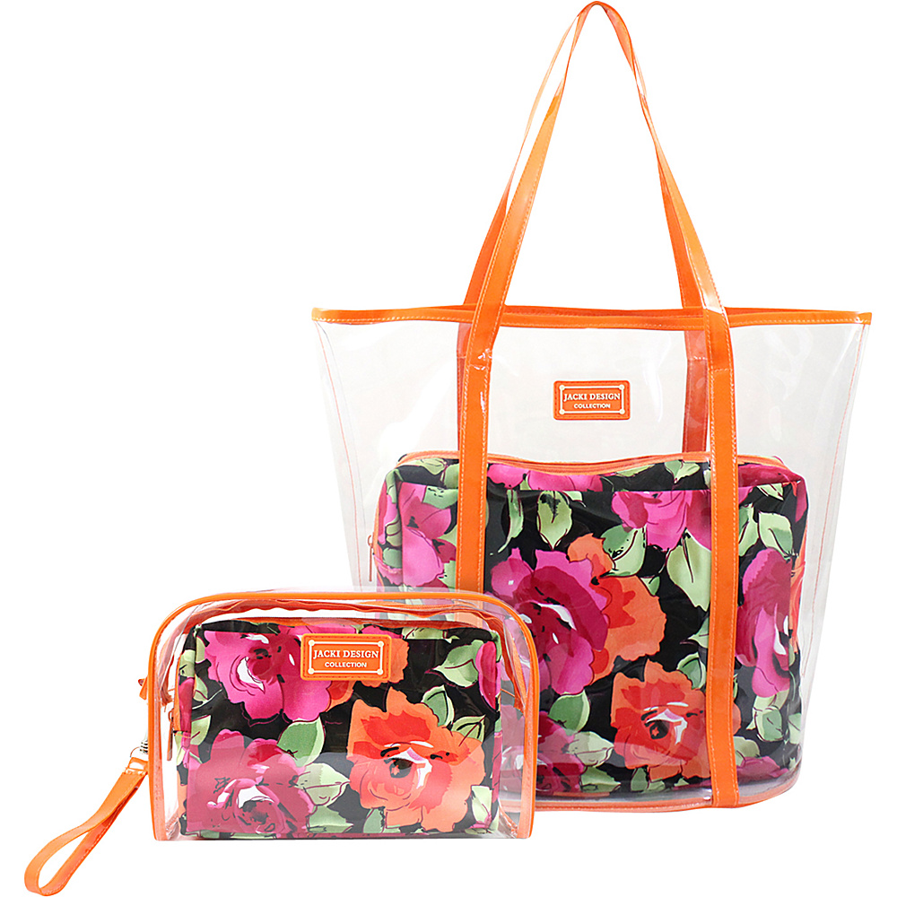 Jacki Design 4 Piece Large Tote and Wristlet Accessory Holder Travel Set Orange Black Jacki Design Manmade Handbags