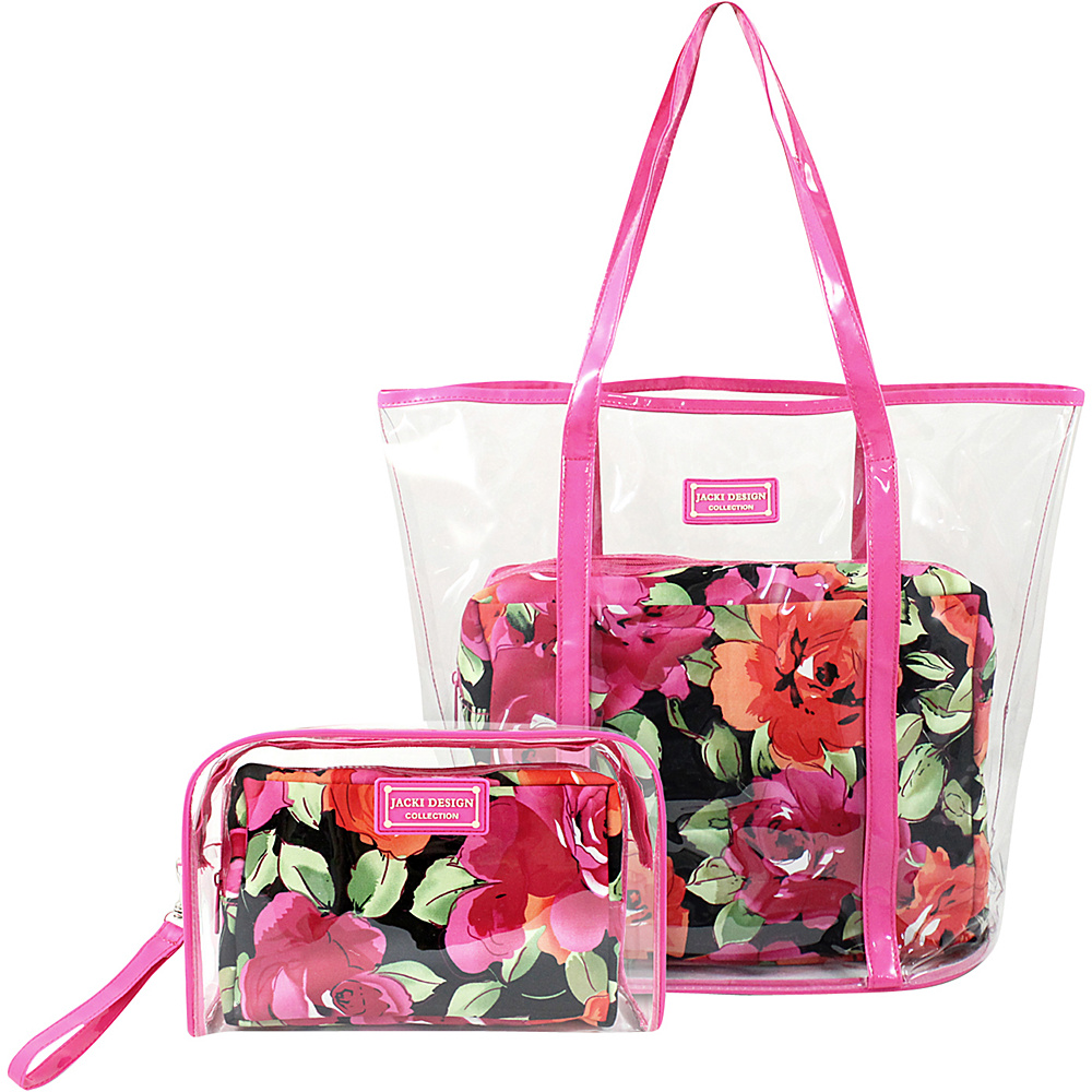 Jacki Design 4 Piece Large Tote and Wristlet Accessory Holder Travel Set Pink Black Jacki Design Manmade Handbags