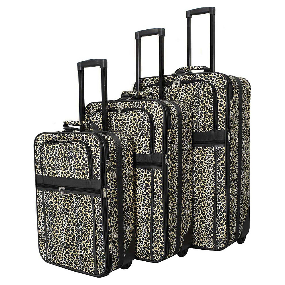 World Traveler Leopard 3 Piece Expandable Upright Luggage Set Black Trim Leopard World Traveler Luggage Sets