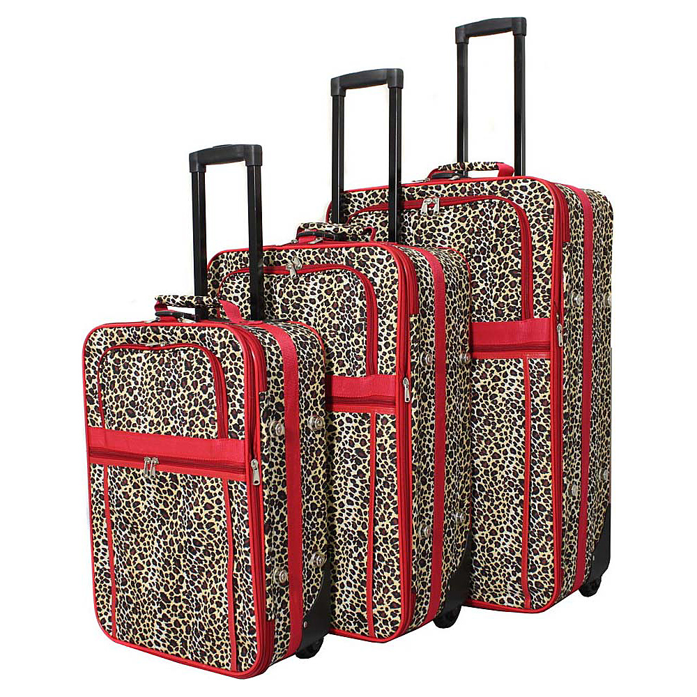 World Traveler Leopard 3 Piece Expandable Upright Luggage Set Pink Trim Leopard World Traveler Luggage Sets