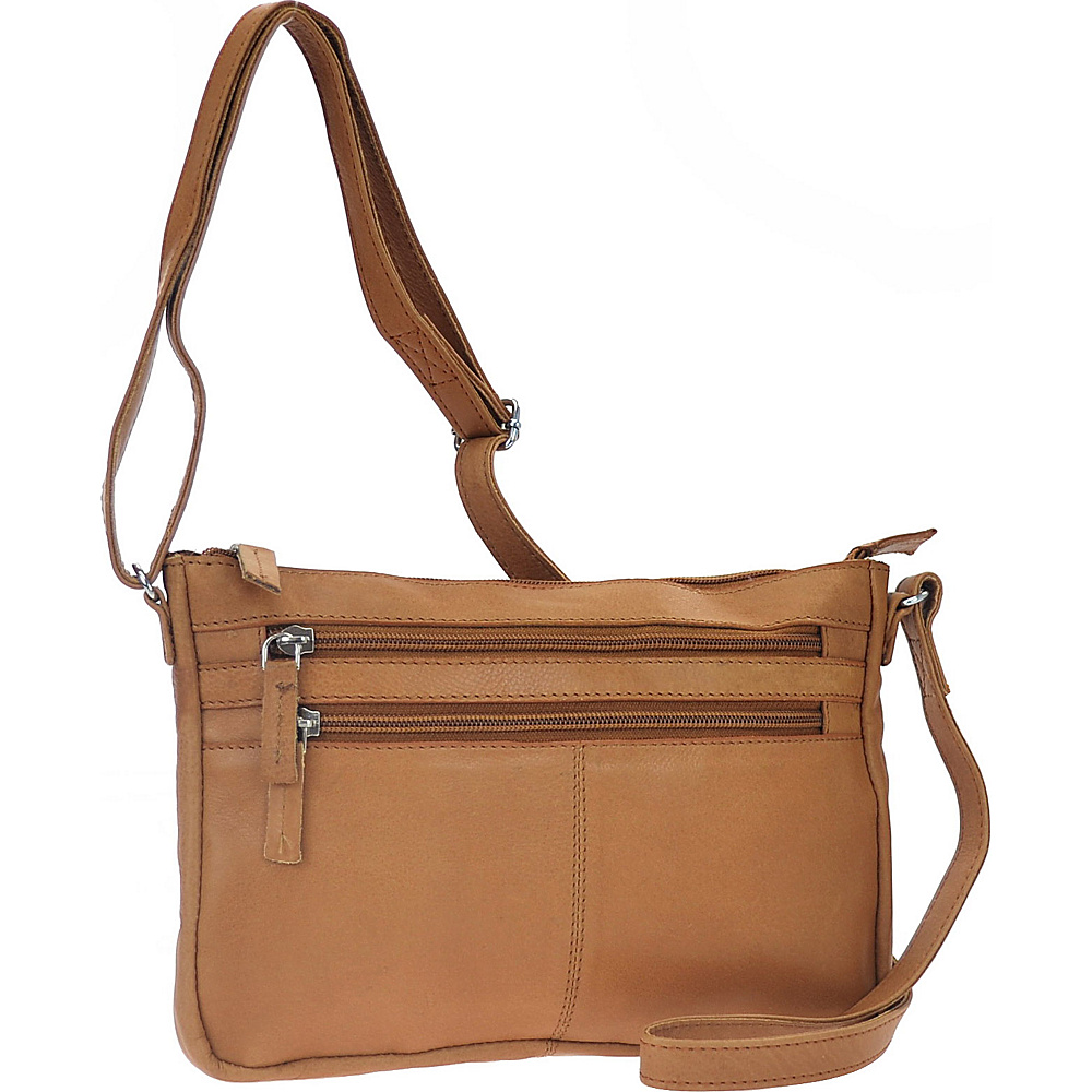 R R Collections Soft Drum Dyed Leather 3 Zip Gusseted Crossbody Bag TAN R R Collections Leather Handbags