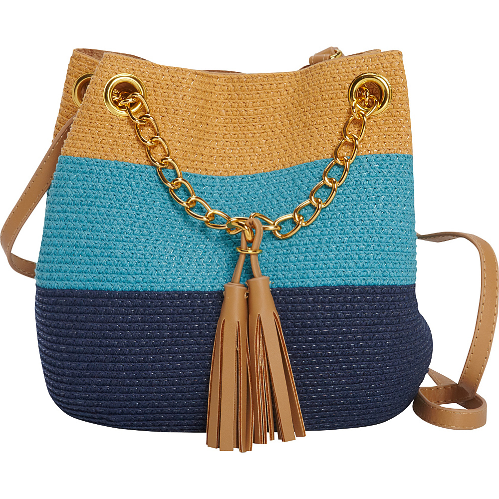 Magid Paper Straw Color Block Mini Tassel Shoulder Bag Blue Multi Magid Straw Handbags