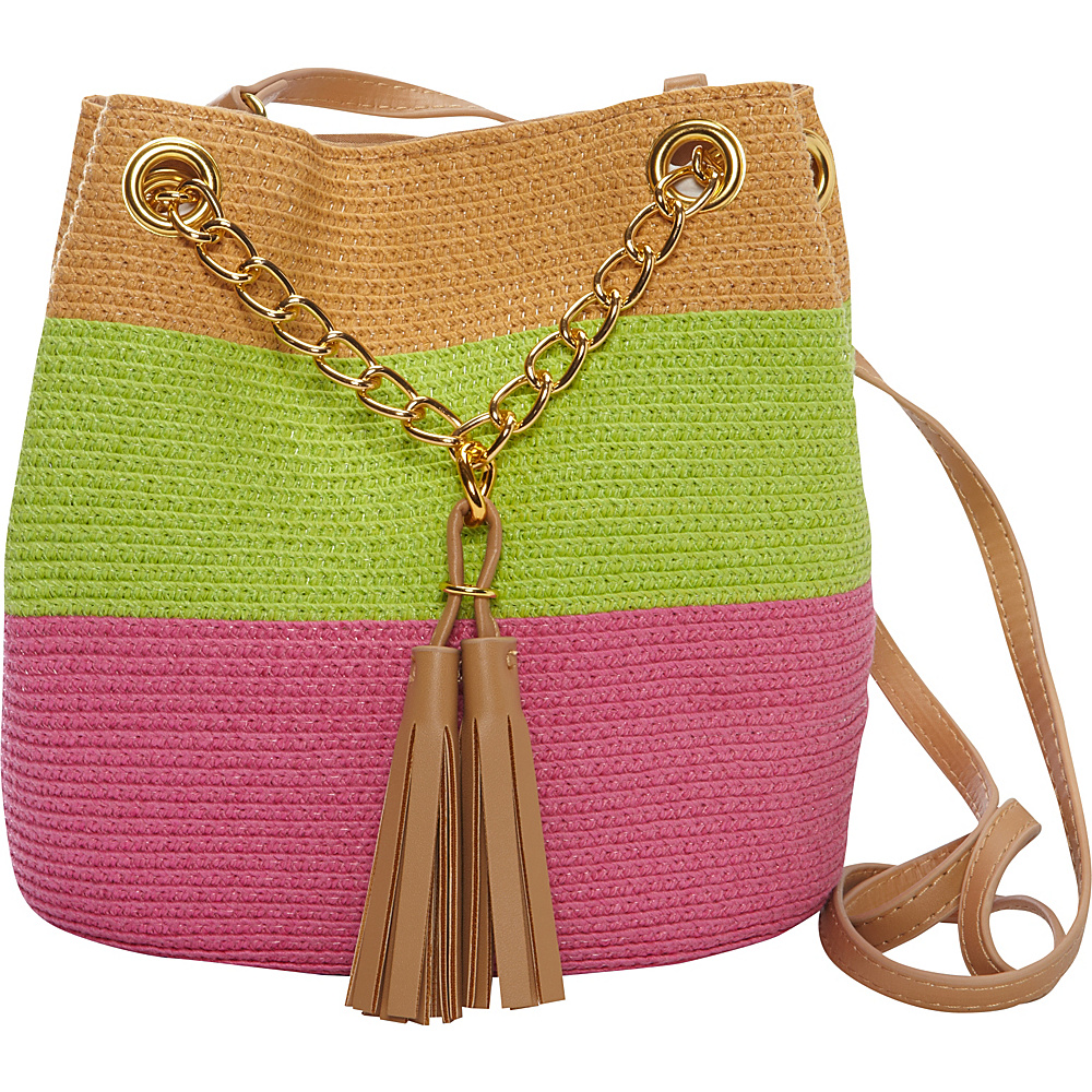 Magid Paper Straw Color Block Mini Tassel Shoulder Bag Fuchsia Multi Magid Straw Handbags