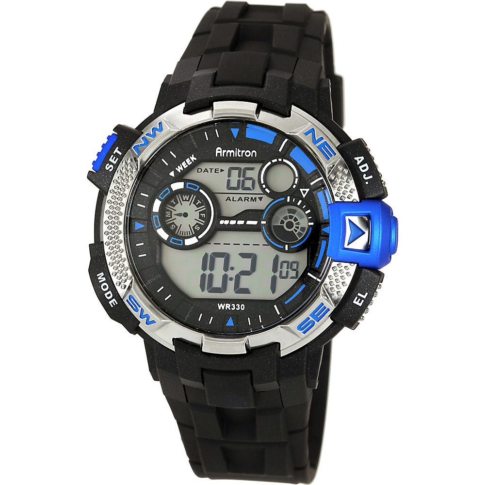Armitron Sport Mens Metallic Blue Accented Black Resin Strap Digital Chronograph Watch Blue Armitron Watches
