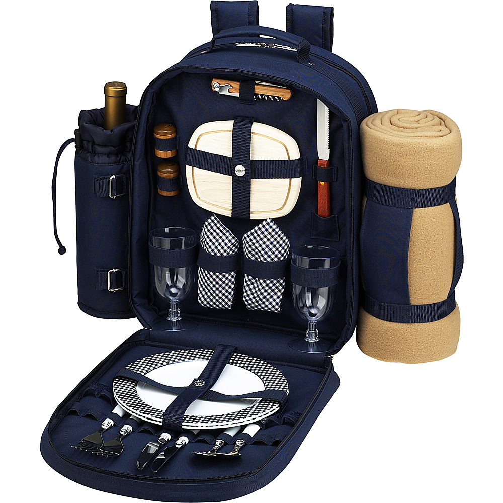 Picnic at Ascot Deluxe Equipped 2 Person Picnic Backpack with Cooler Insulated Wine Holder Blanket Navy White with Gingham Picnic at Ascot Outdoor Coolers