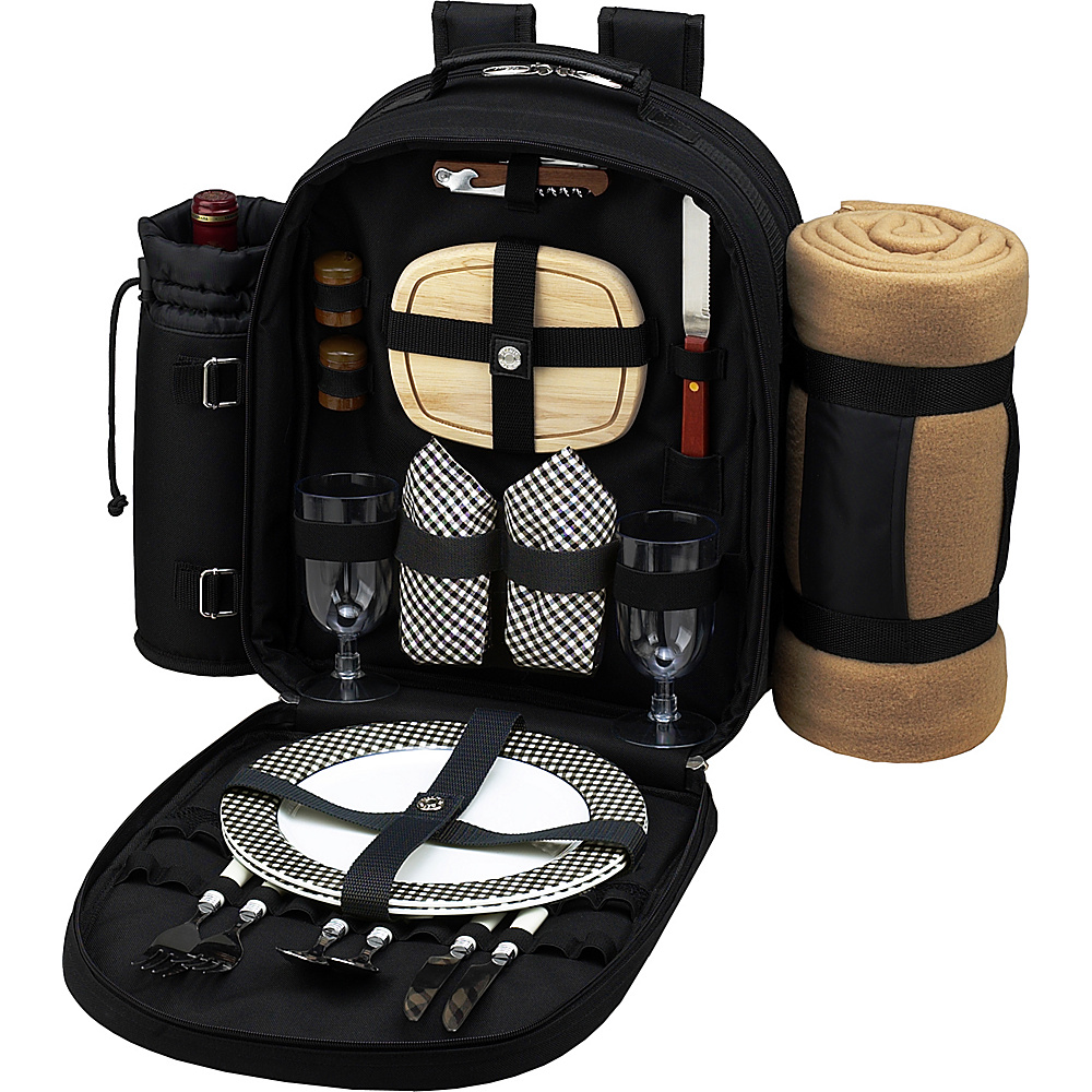 Picnic at Ascot Deluxe Equipped 2 Person Picnic Backpack with Cooler Insulated Wine Holder Blanket Black w Gingham Picnic at Ascot Outdoor Coolers