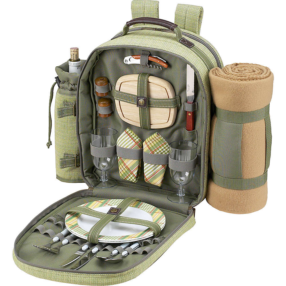 Picnic at Ascot Deluxe Equipped 2 Person Picnic Backpack with Cooler Insulated Wine Holder Blanket Olive Tweed Picnic at Ascot Outdoor Coolers