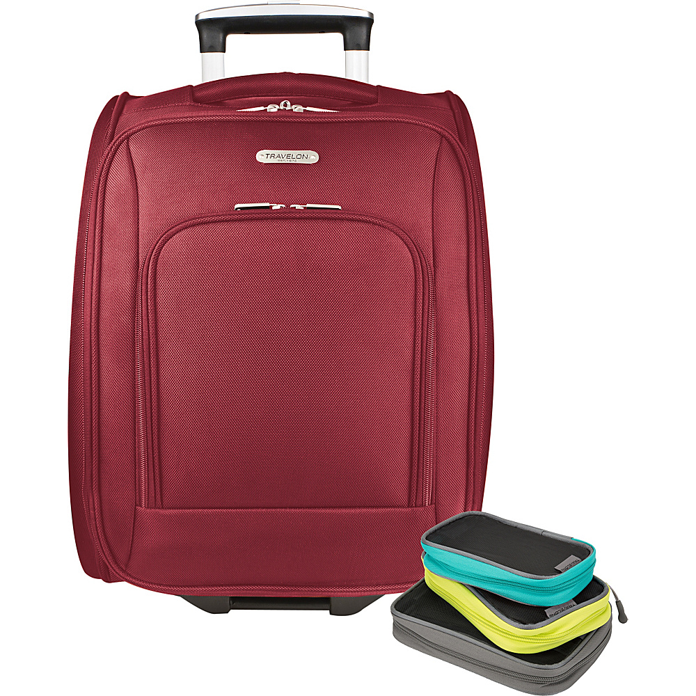 Travelon 18 Wheeled Underseat Bag with Set of 3 Lightweight Packing Squares Exclusive Red Travelon Softside Carry On