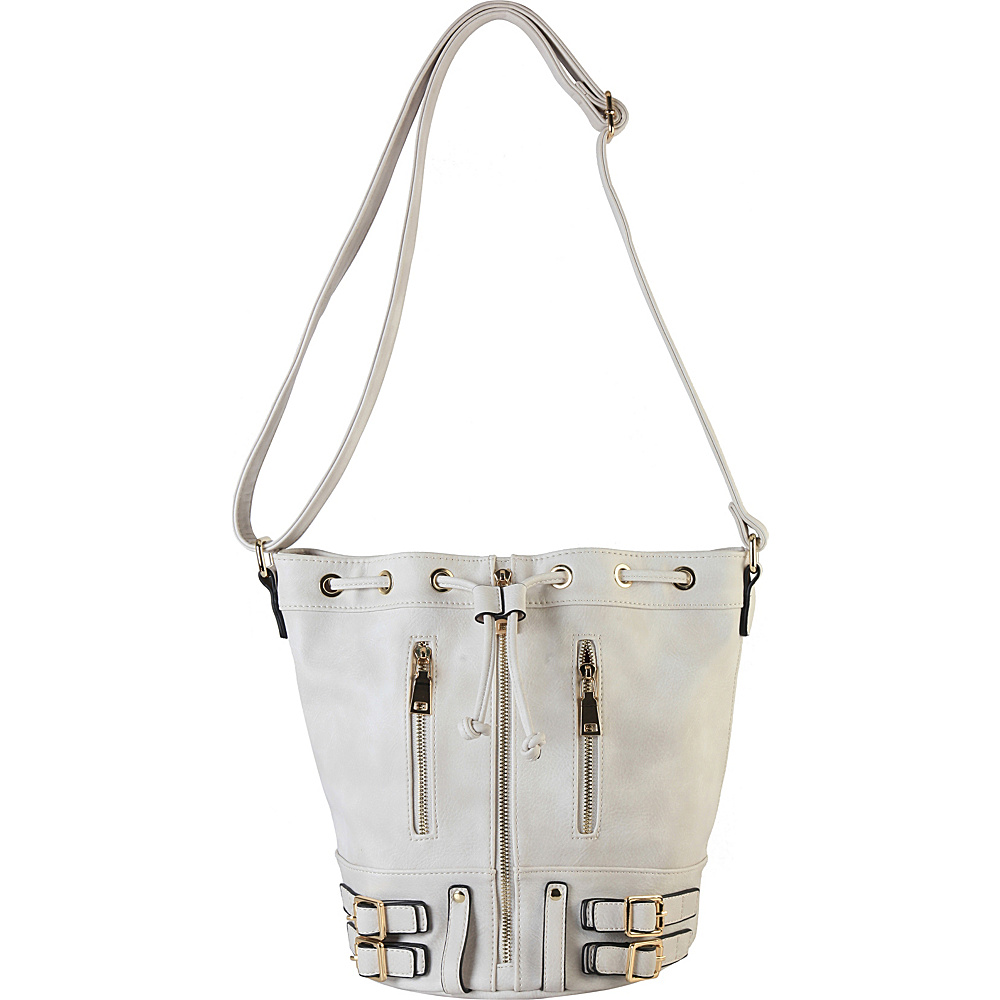 Diophy Front Zipper Buckle Decor Bucket Handbag Accented with Magnet and Drawstring Closure Beige Diophy Manmade Handbags