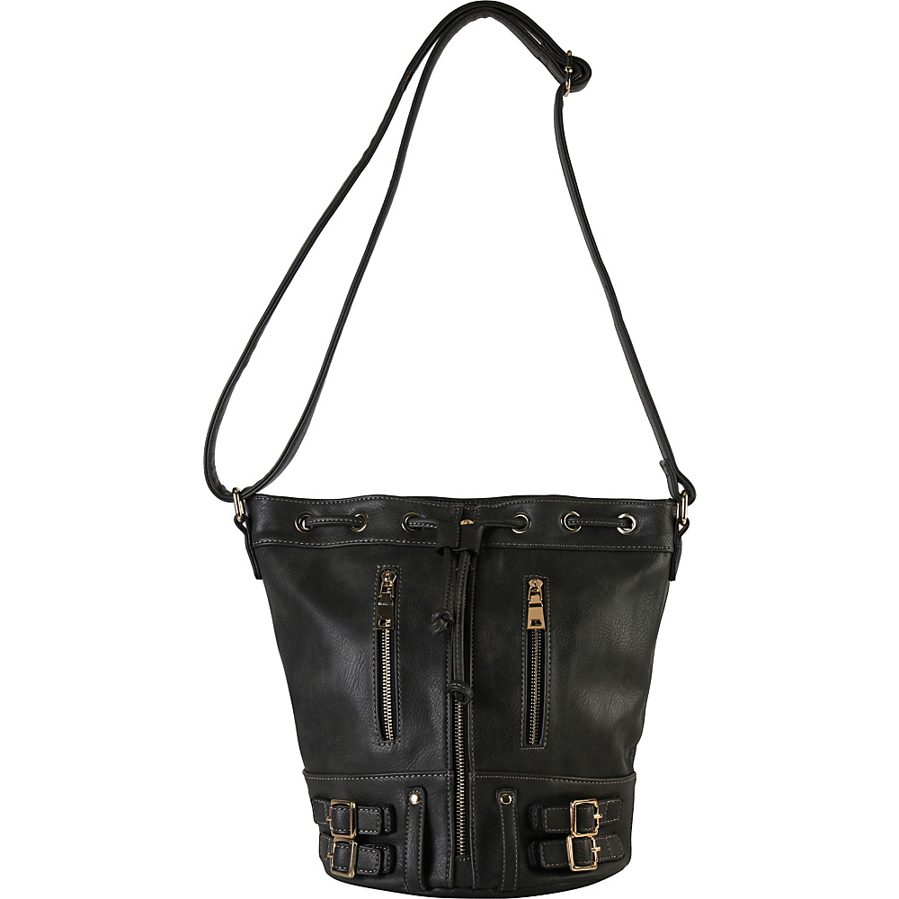 Diophy Front Zipper Buckle Decor Bucket Handbag Accented with Magnet and Drawstring Closure Black Diophy Manmade Handbags