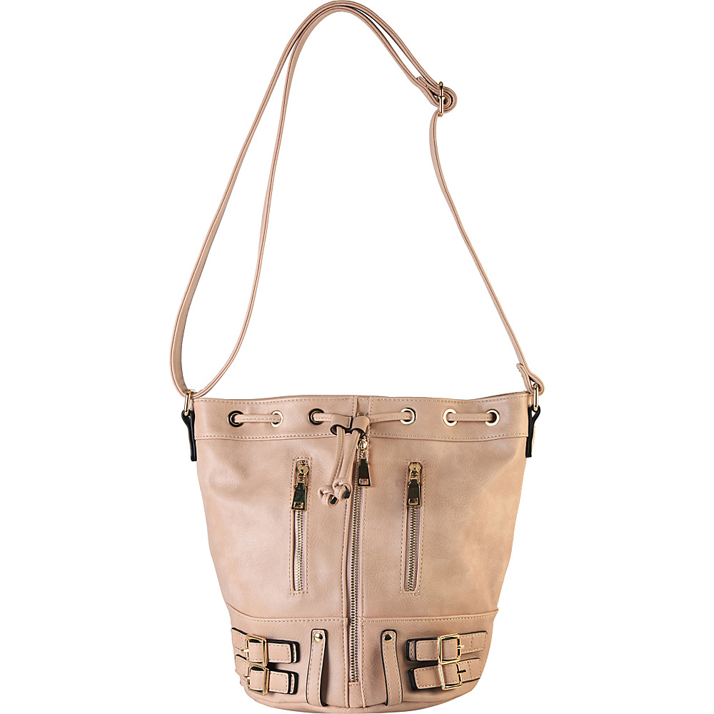 Diophy Front Zipper Buckle Decor Bucket Handbag Accented with Magnet and Drawstring Closure Taupe Diophy Manmade Handbags